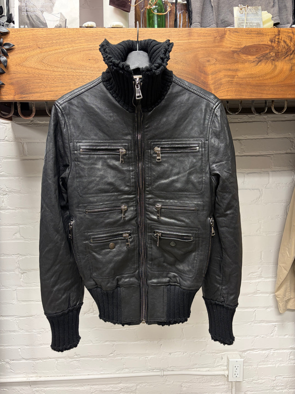 2000s Dolce & Gabbana ‘Mainline’ Black Sheepskin Leather Fitted Cargo Jacket