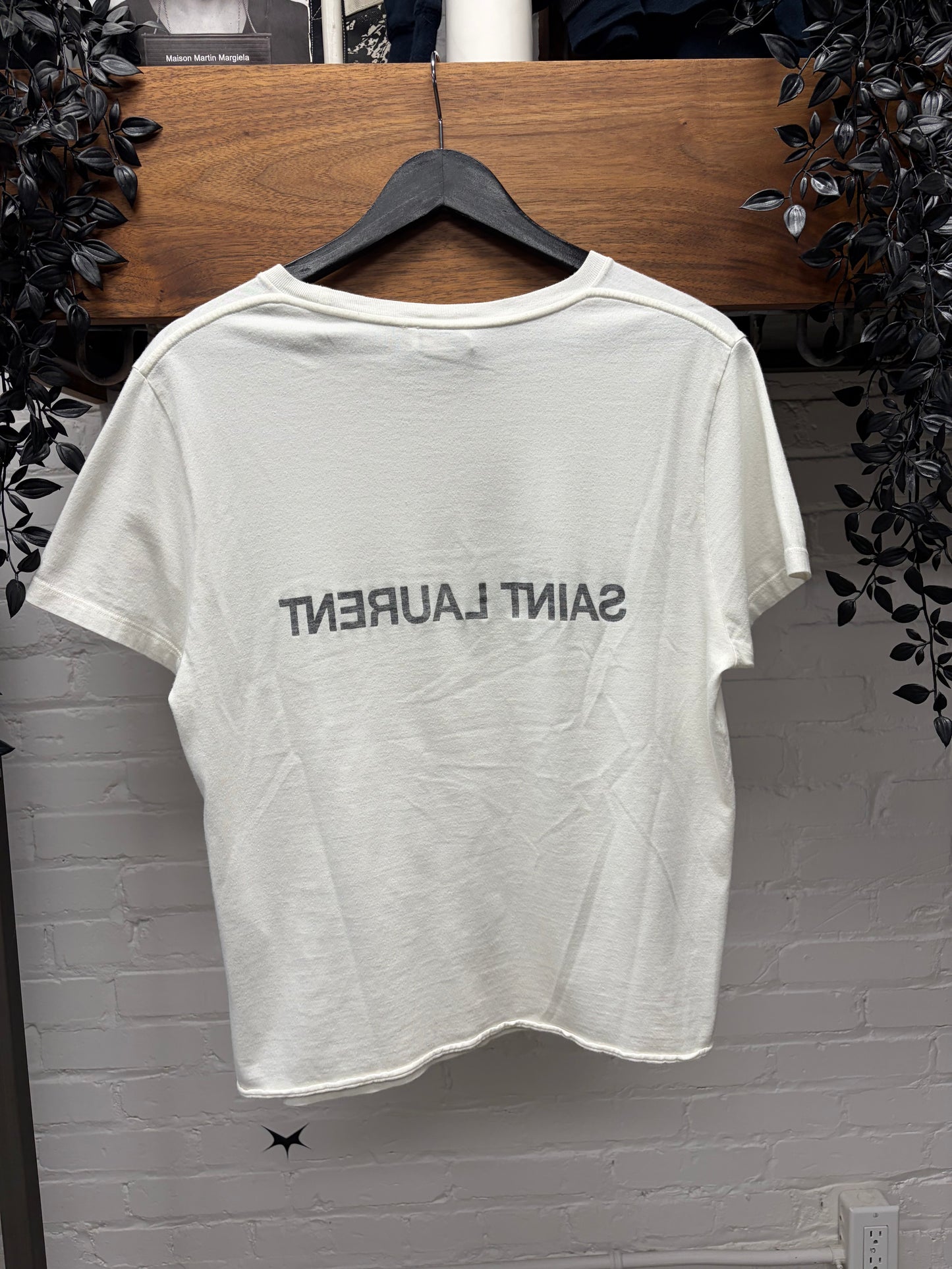 2021 Saint Laurent ‘Mirrored Logo’ Cropped Fit White Spell Out T-Shirt