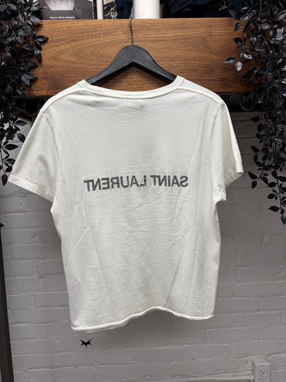 2021 Saint Laurent ‘Mirrored Logo’ Cropped Fit White Spell Out T-Shirt
