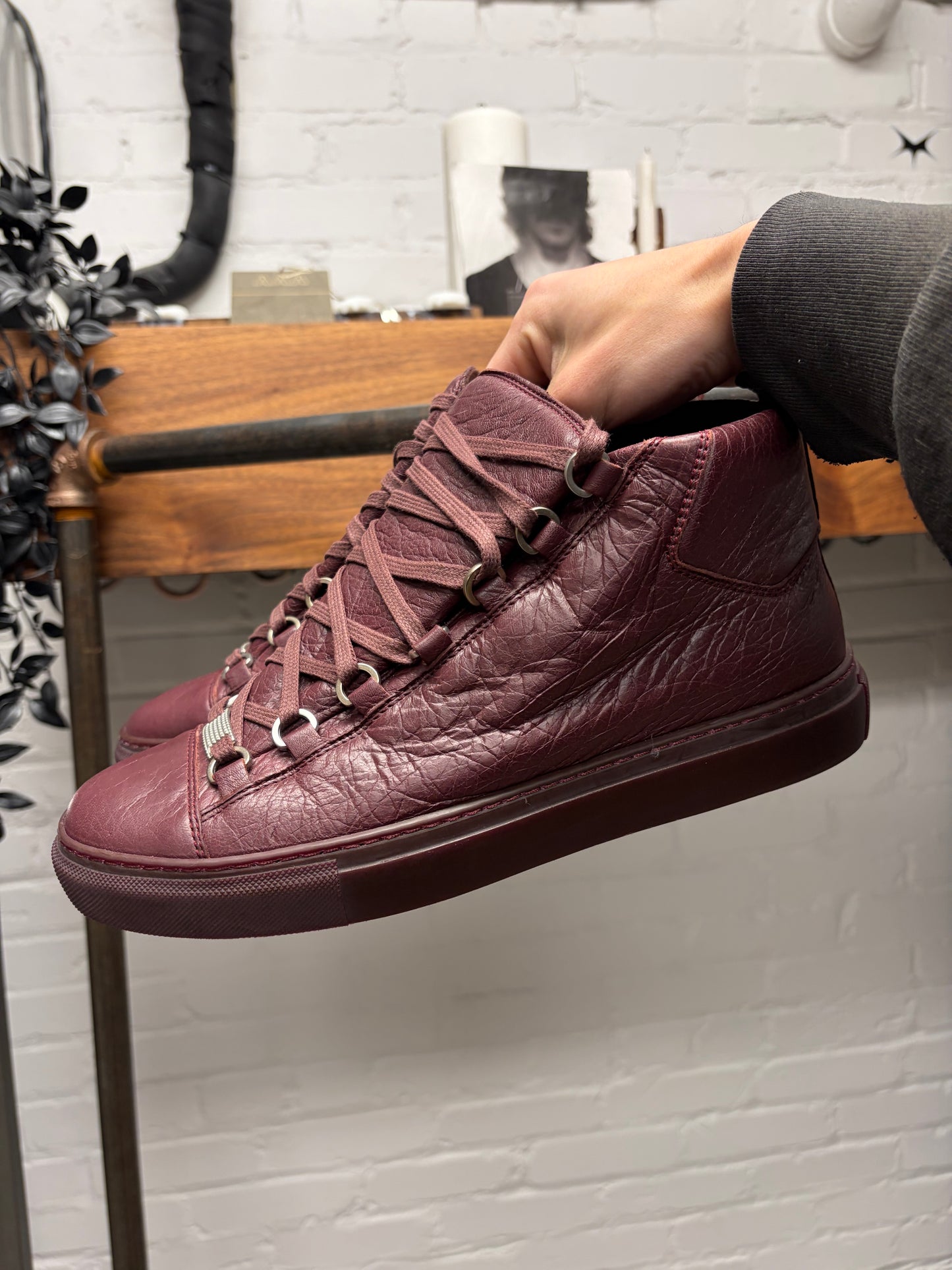 Balenciaga ‘Arena’ Oxblood Red Leather High Top Sneakers
