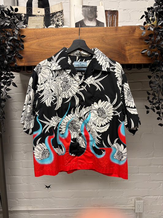 Prada Flame Camp Collar Short Sleeve Shirt