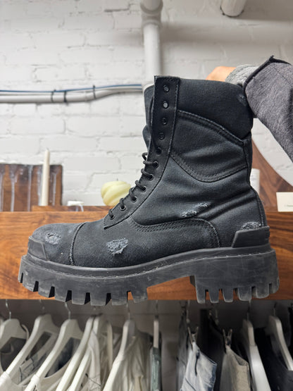 AW2022 Balenciaga Distressed Black Canvas ‘Strike’ Combat Boots