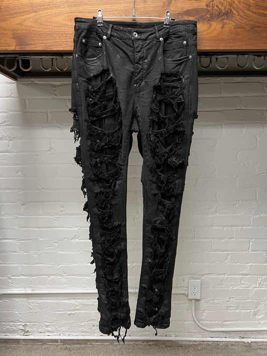 Rick Owens DRKSHDW ‘Detroit Cut’ Waxed Black Slashed Distressed Denim