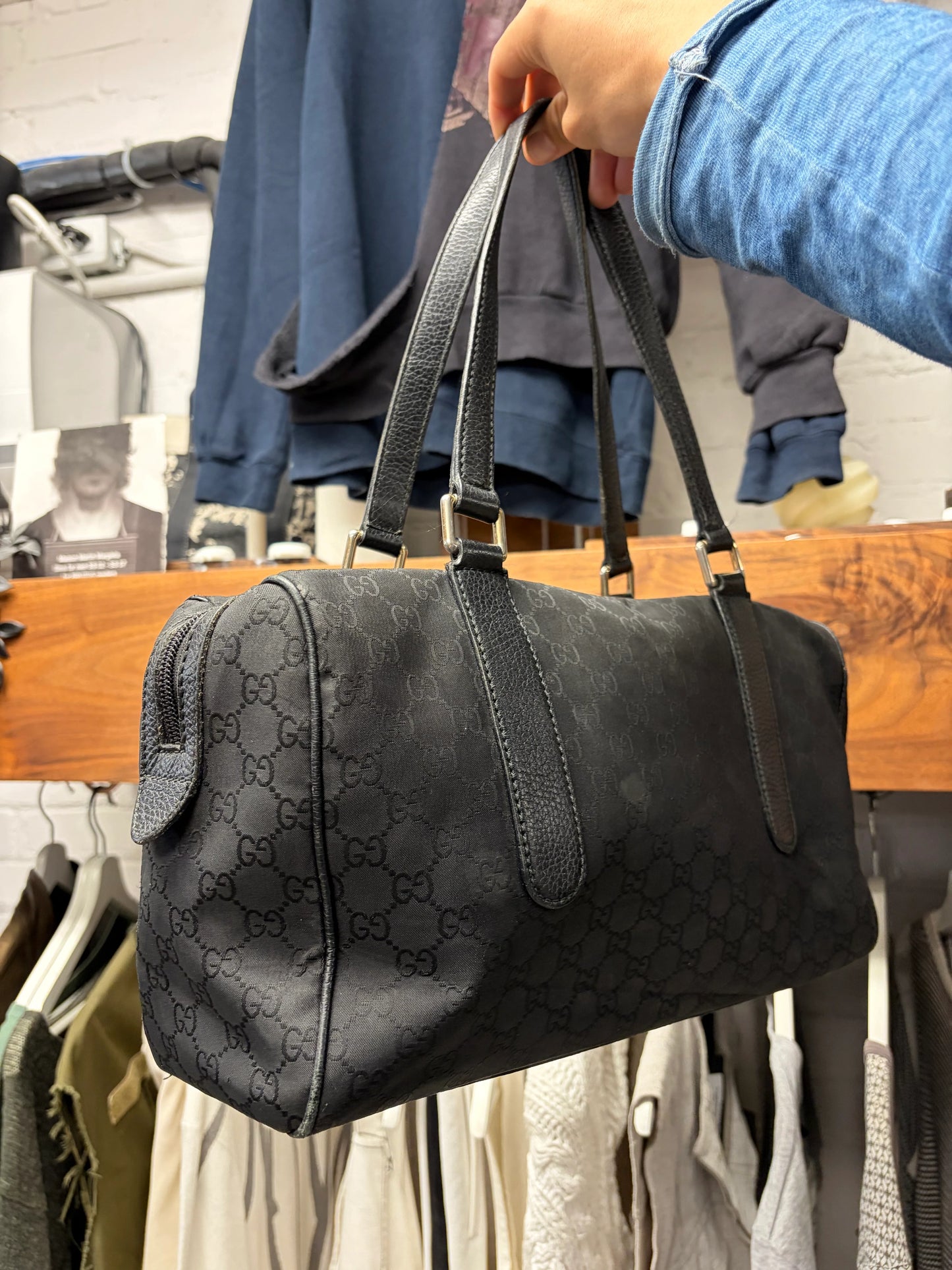 Gucci ‘Guccisima’ Black Canvas Monogram Shoulder Bag with Pink Horsebit Interior.
