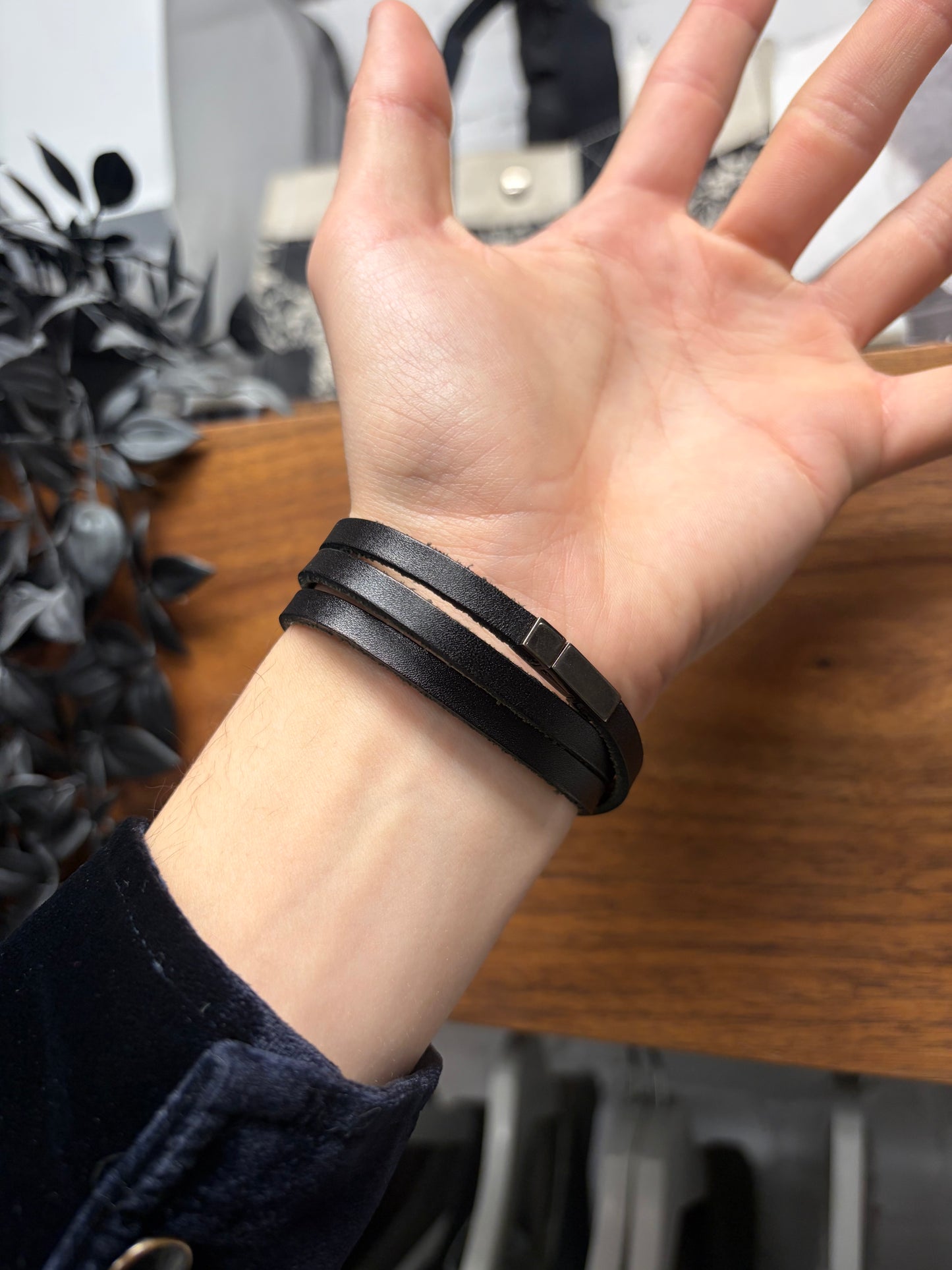 Saint Laurent Triple Wrapped Leather/Silver Bracelet