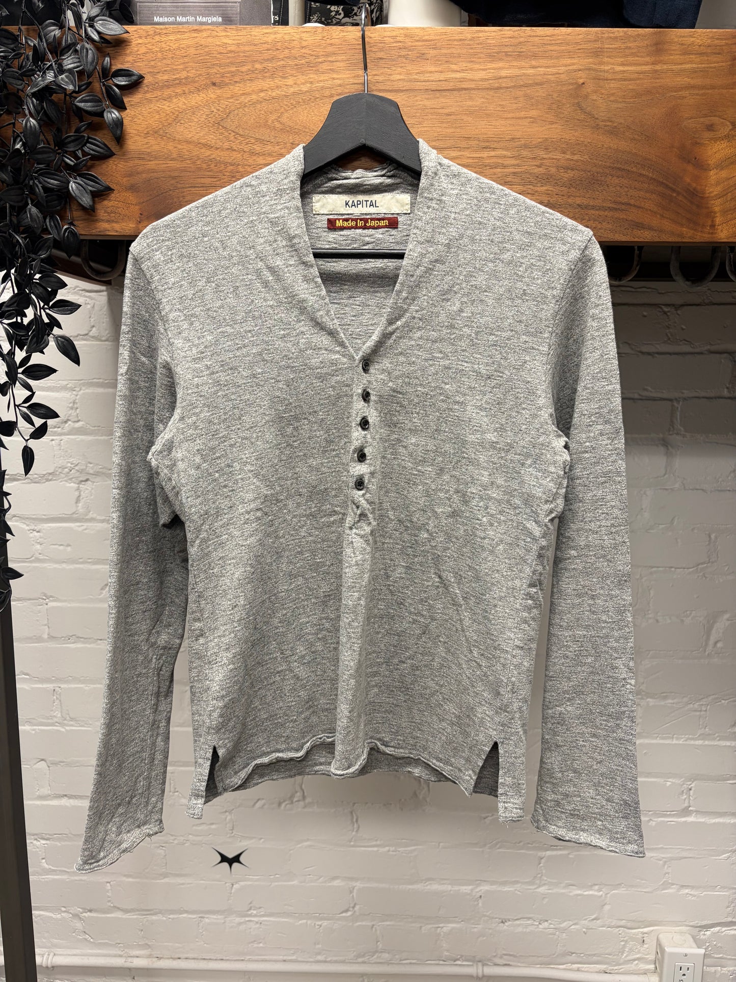 Kapital Natural Grey Cotton V-Neck Henley Long Sleeve Shirt
