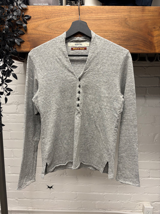 Kapital Natural Grey Cotton V-Neck Henley Long Sleeve Shirt