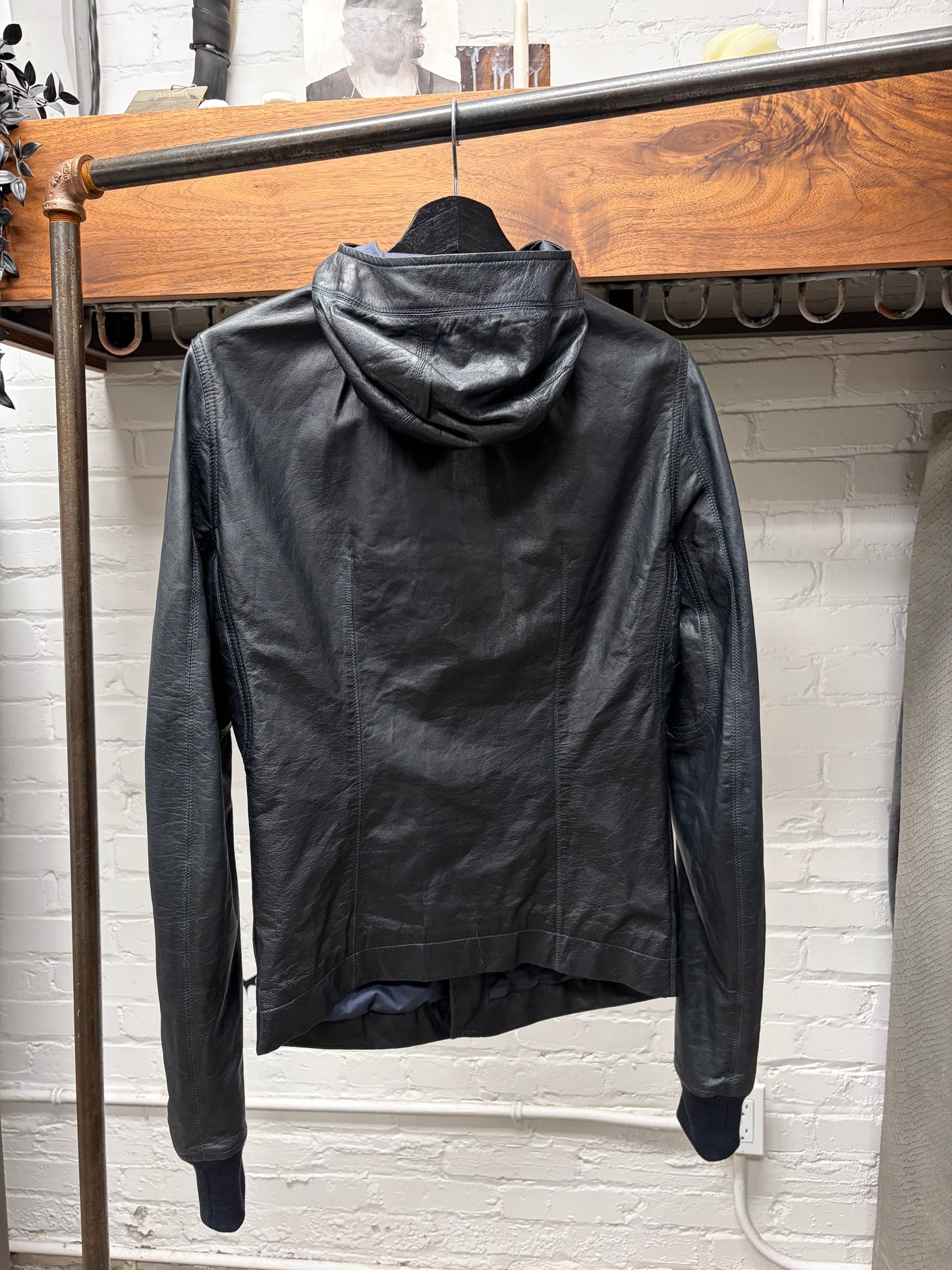 SS2014 Rick Owens ‘Vicious’ Scuba Hooded ‘Passport’ Black Leather Jacket