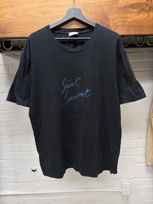 2017 Saint Laurent Blue Cursive Logo T-Shirt