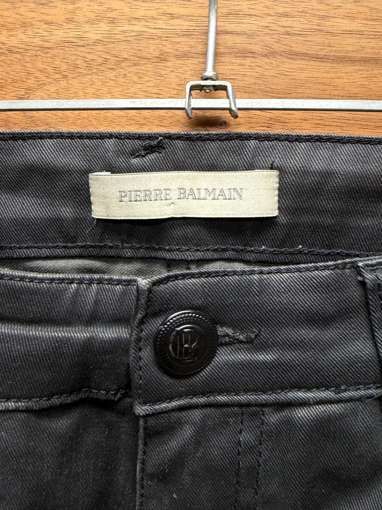 Balmain Waxed Black Moto-Biker Knee Skinny Jeans