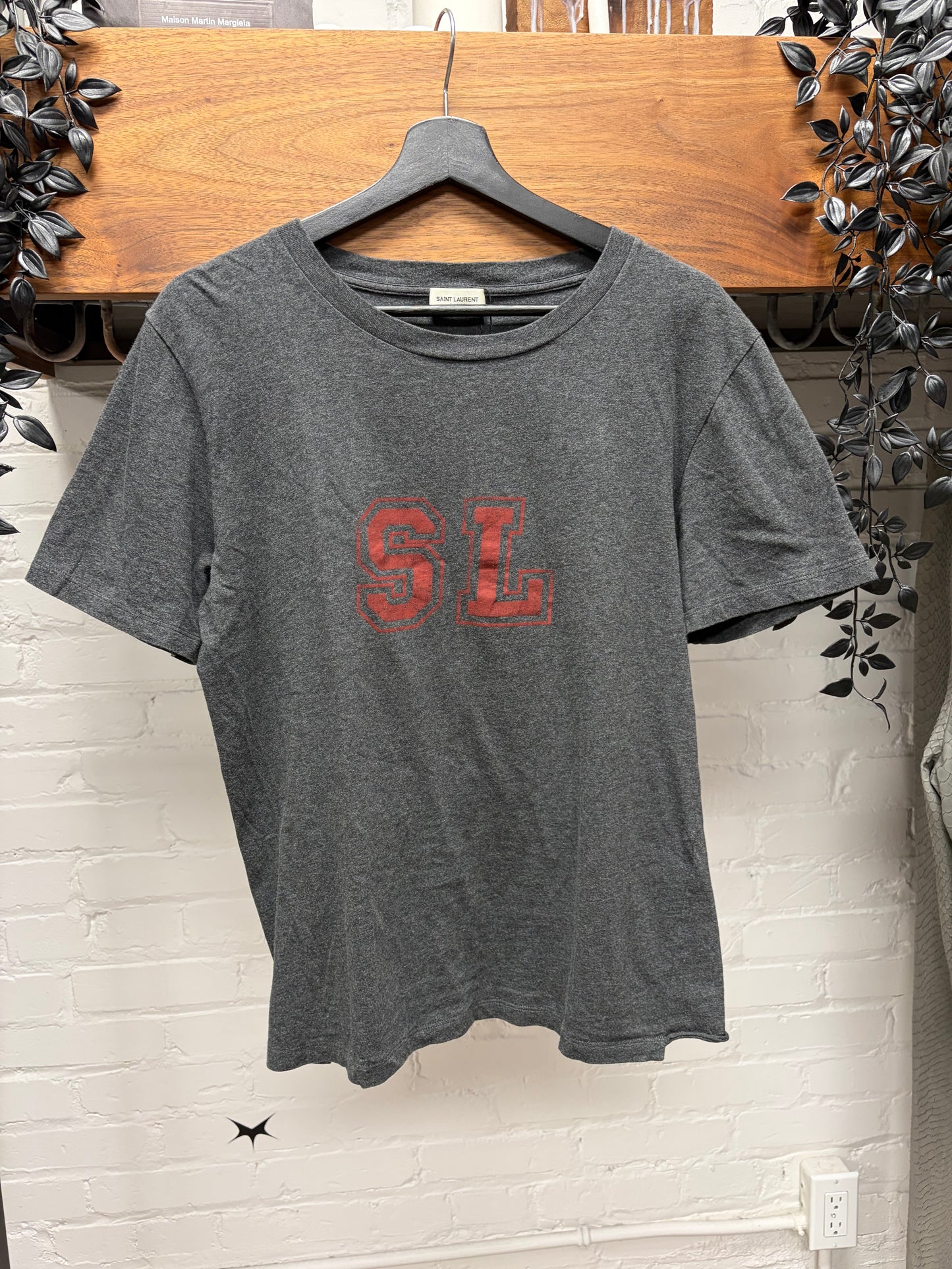 2017 Saint Laurent ‘SL’ Varsity Logo Grey/Red Graphic T-Shirt