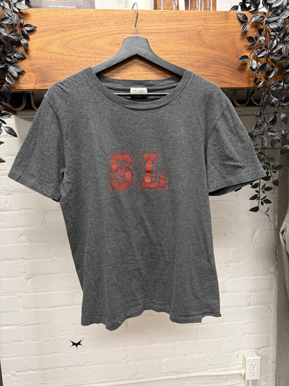 2017 Saint Laurent ‘SL’ Varsity Logo Grey/Red Graphic T-Shirt
