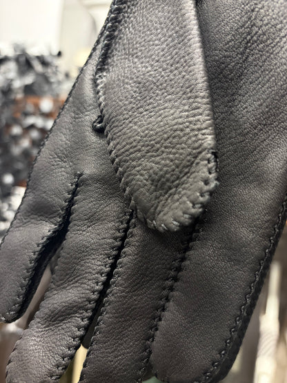 Dior Homme Black ‘Baseball Stitch’ Black Calfskin Leather Gloves with Wool Ribbing