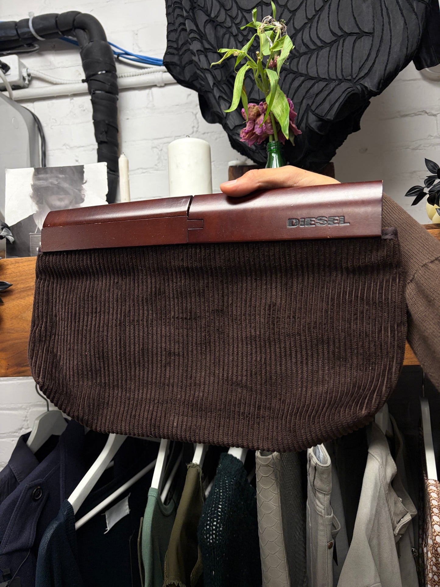 2000s Diesel Square Fold ‘Small Parts’ Corduroy Wood Top Handle Clutch