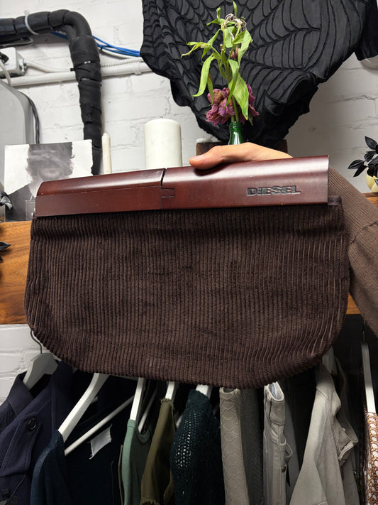 2000s Diesel Square Fold ‘Small Parts’ Corduroy Wood Top Handle Clutch
