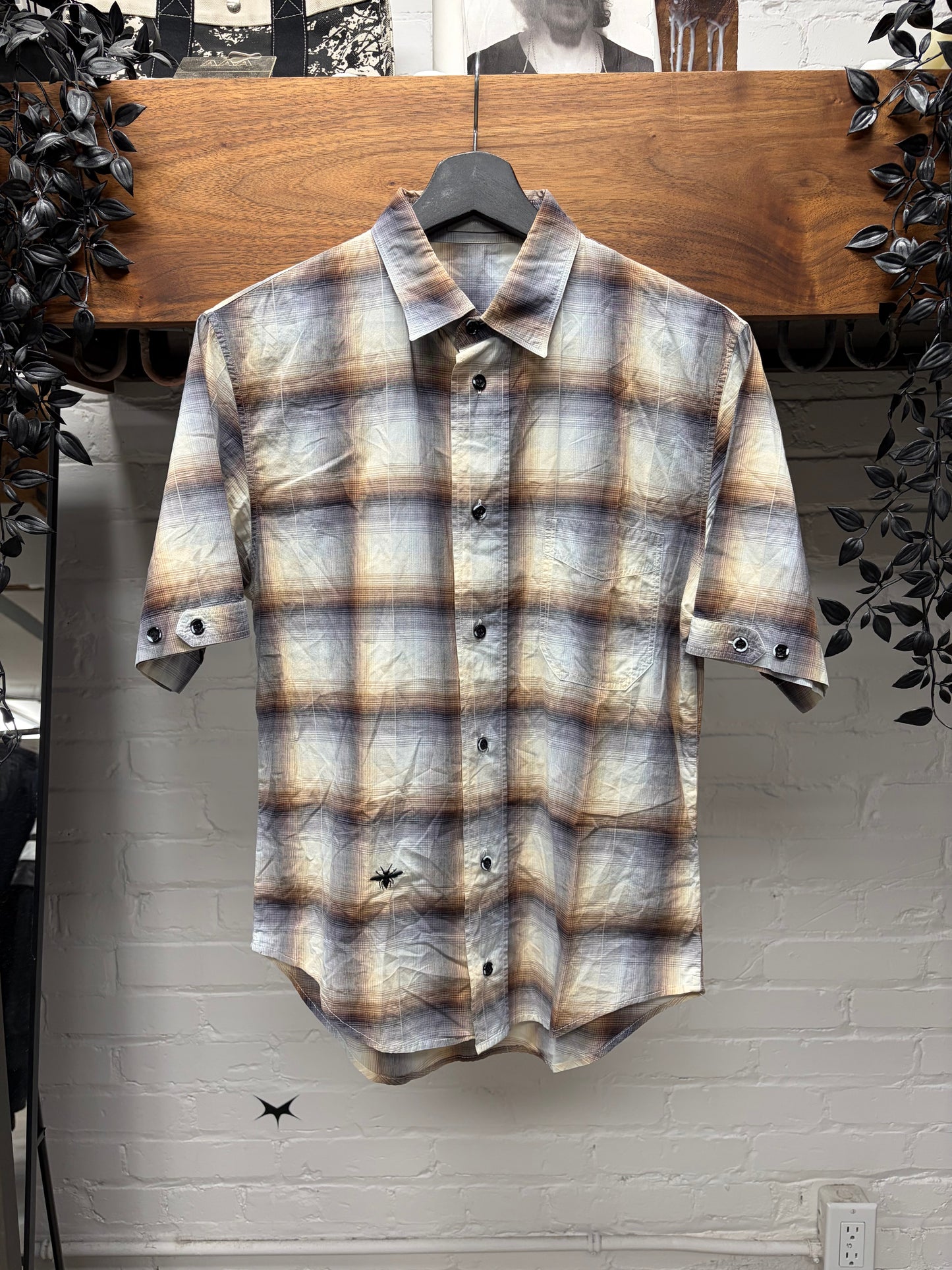 Dior Homme Brown ‘Shadow Plaid’ Embroidered Bee Logo Short Sleeve Flannel Shirt