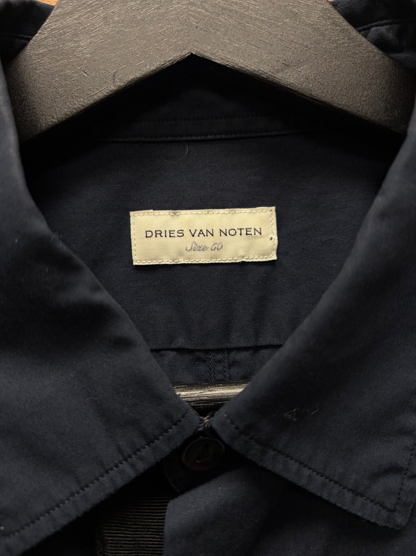 Dries Van Noten Navy Blue Button Up Shirt with Black Bottom Hem