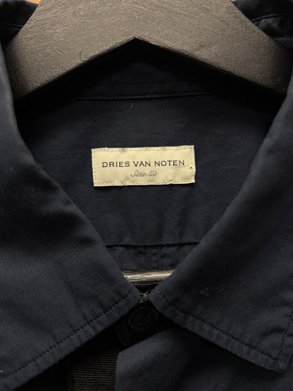 Dries Van Noten Navy Blue Button Up Shirt with Black Bottom Hem