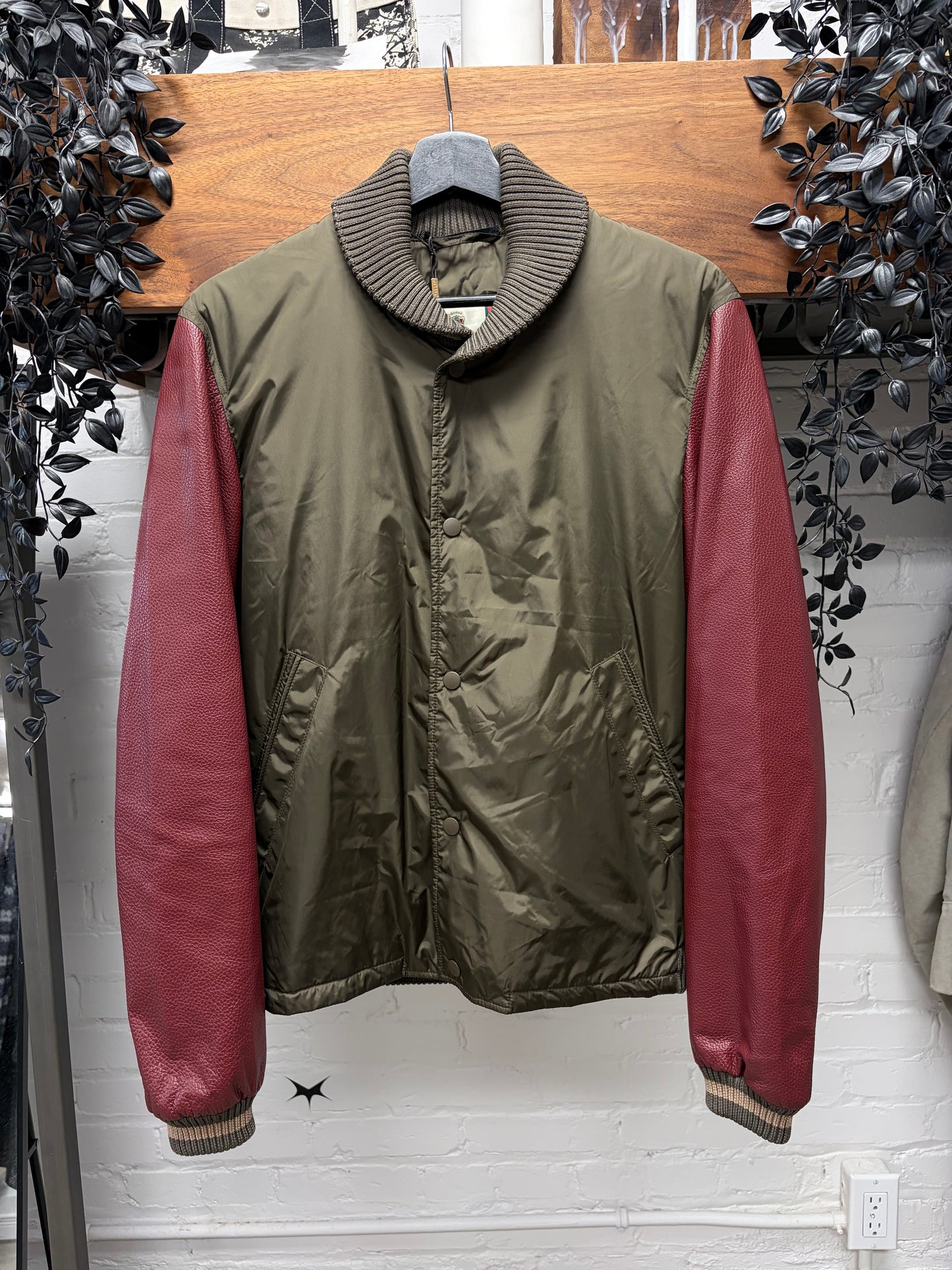 2000s Gucci Dark Nylon/Leather Ribbed Collar Varsity Jacket