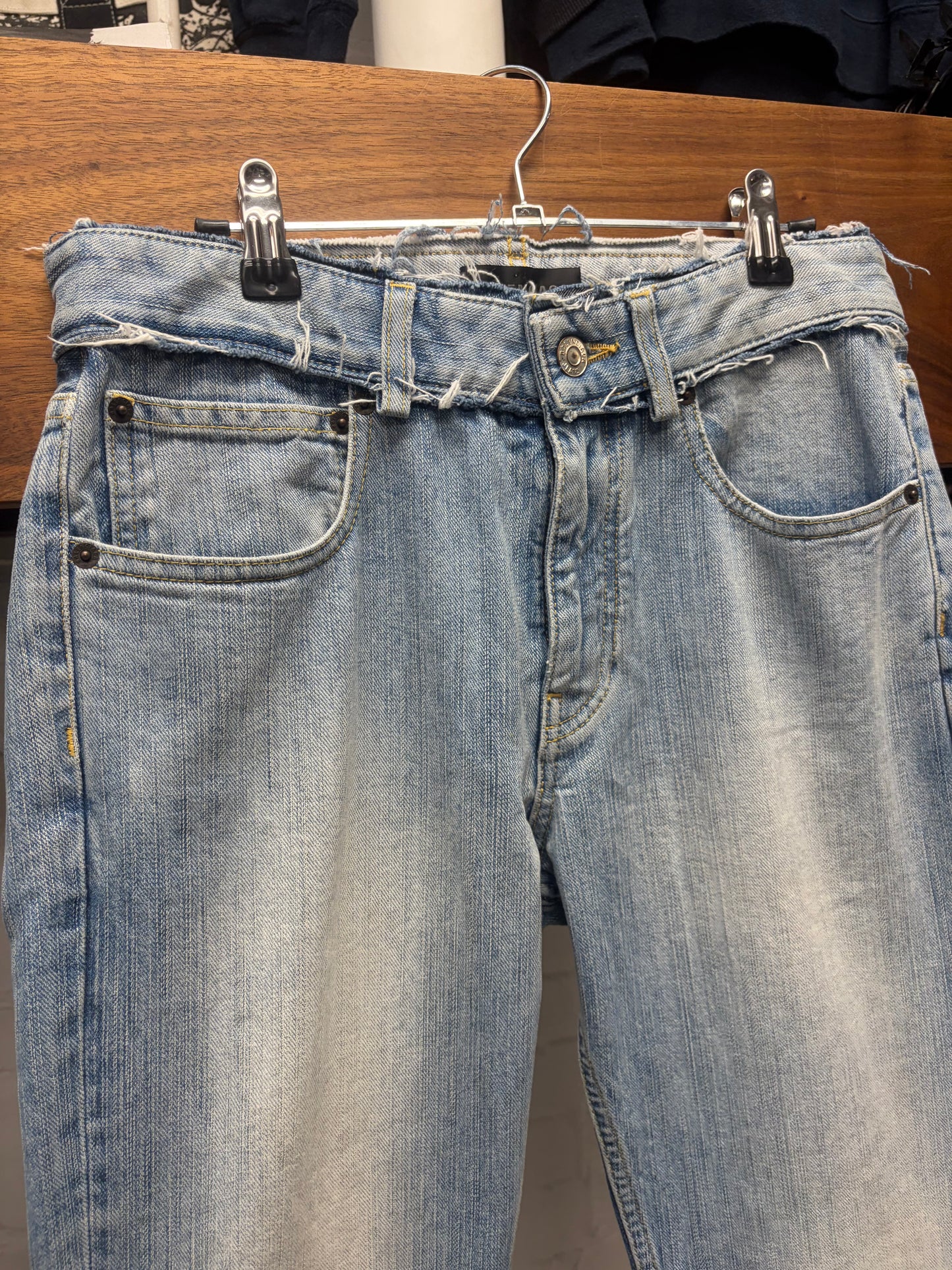 2024 Balenciaga Distressed Waistband Light Wash Blue Flared Leg Denim