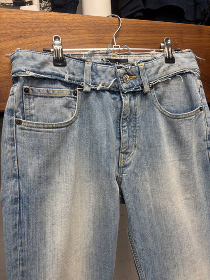 2024 Balenciaga Distressed Waistband Light Wash Blue Flared Leg Denim
