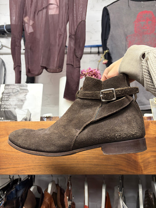 Prada Dark Brown Suede ‘Jodhpur’ Buckle Strap Ankle Cut Chelsea Boots