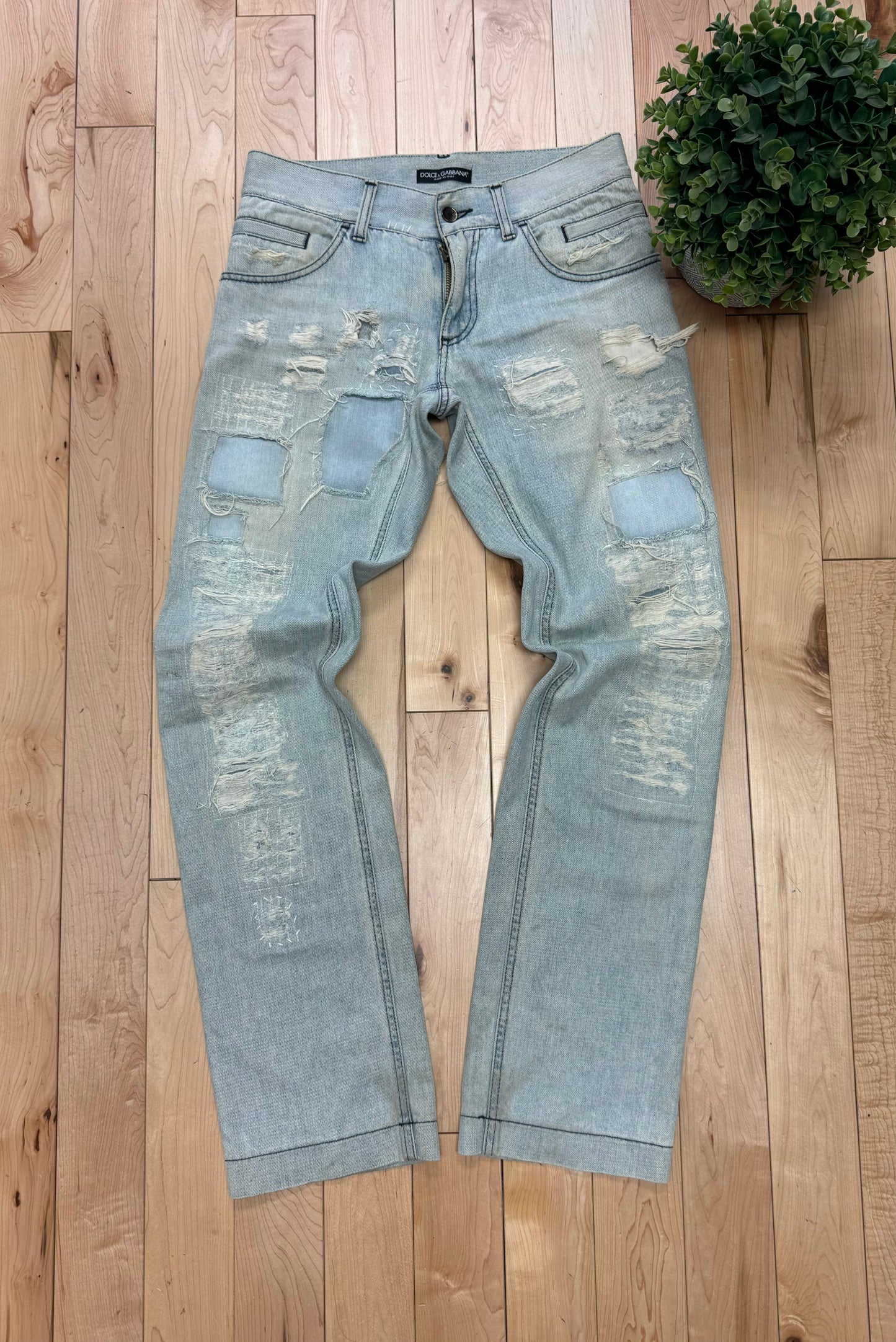 2000s Dolce & Gabbana Light Wash Distressed Boot Cut Denim