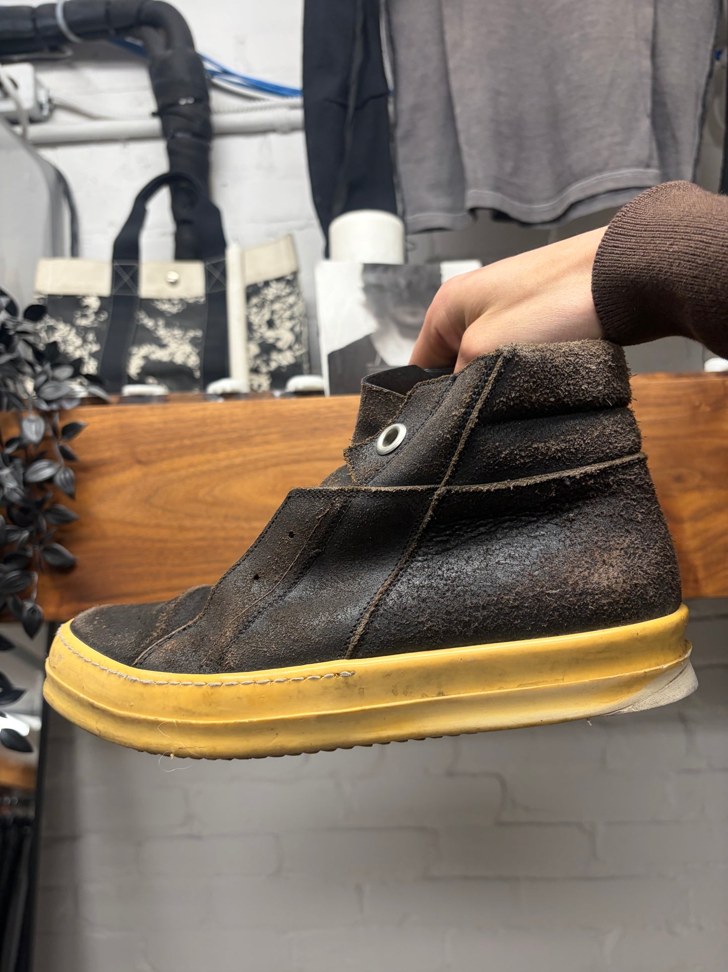 Rick Owens Dust Brown Suede ‘Island Dunk’ Mid Top Sneakers