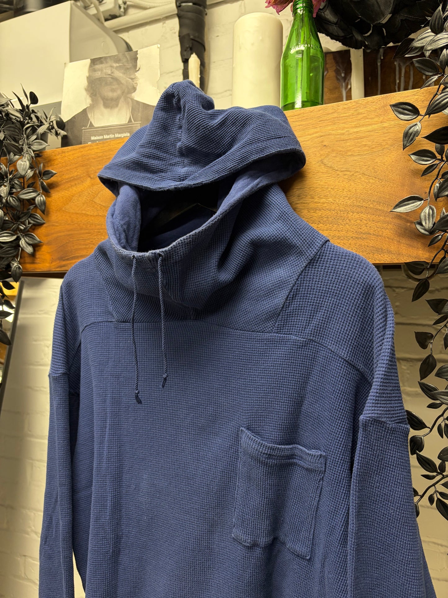 Kapital Military Inspired ‘Smock Neck’ Thermal Cotton Indigo Blue Pullover Hoodie