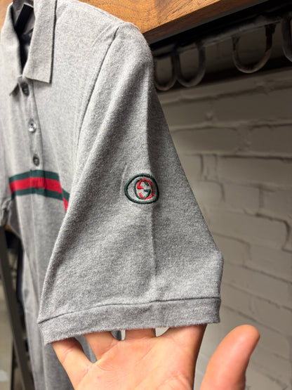Gucci Grey Cotton ‘Stripe Logo’ Short Sleeve Polo