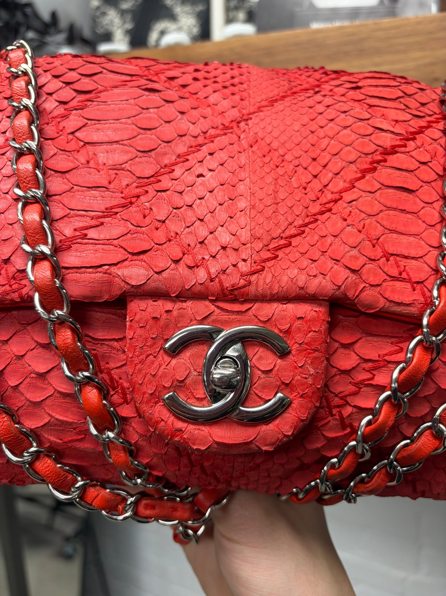 Chanel Red Python Leather Classic ‘Flap Bag’ with Silver Hardware