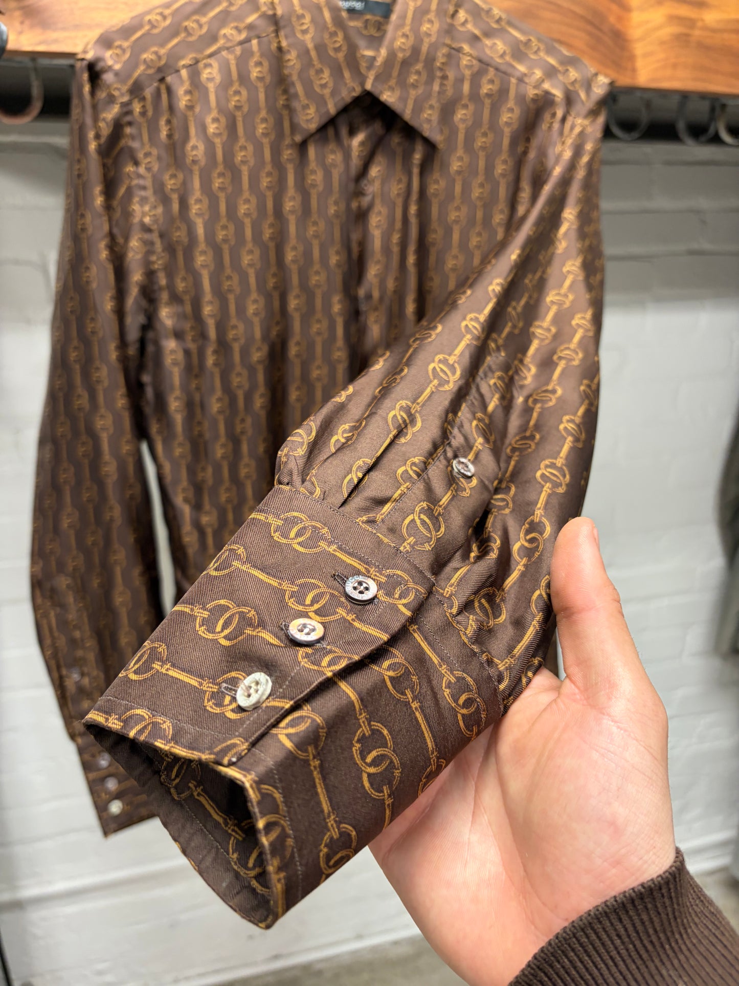 Vintage Gucci ‘Horsebit Pattern’ Brown/Gold Silk Button Up Shirt