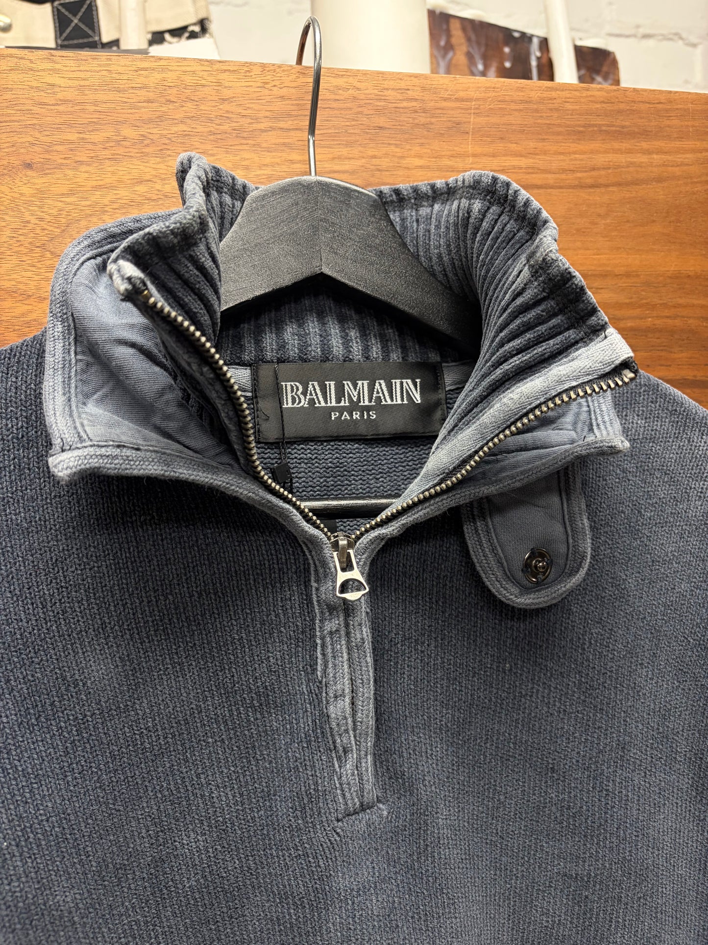 Balmain Quarter Zip ‘Double Layered Collar’ Ribbed Knit Sweater