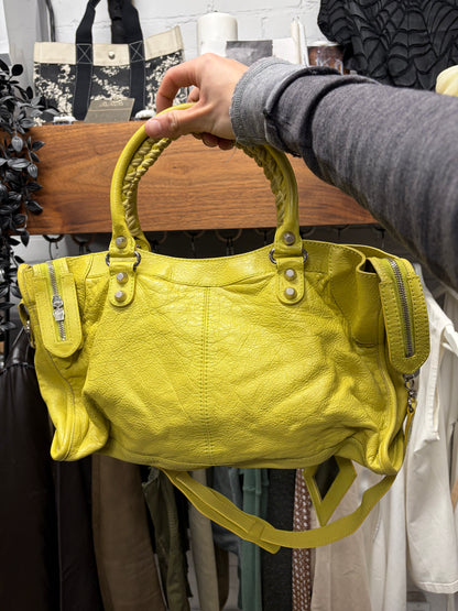 Balenciaga Yellow Calfskin Leather ‘City’ Bag with Crossbody Strap