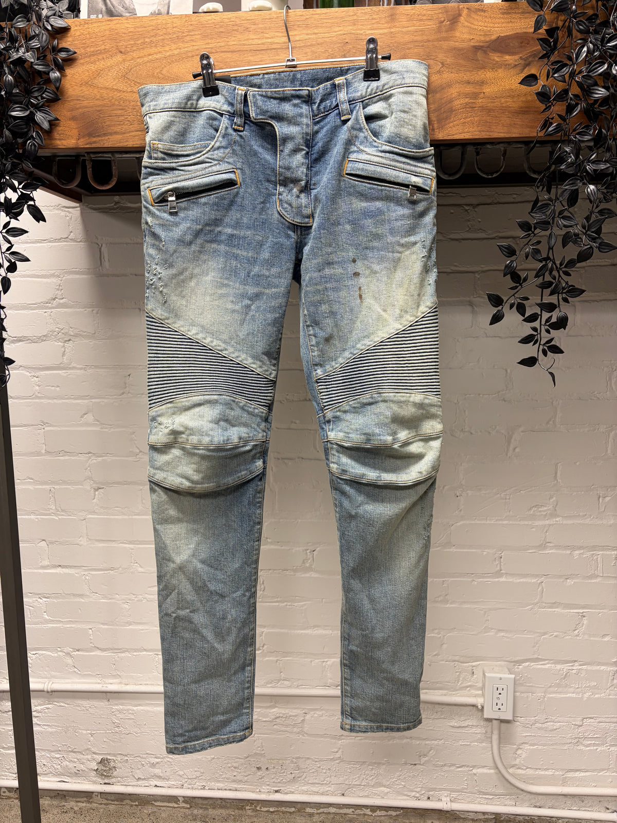 2010s Balmain 'Blood Stained' Blue Skinny Moto-Biker Knee Skinny Jeans