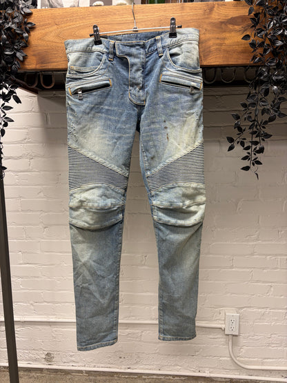 2010s Balmain 'Blood Stained' Blue Skinny Moto-Biker Knee Skinny Jeans