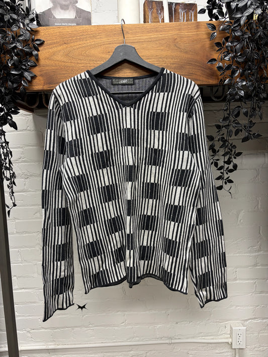 Vintage Jean Paul Gaultier ‘Objet’ Vertical Bar Patterned V-Neck Knit Sweater