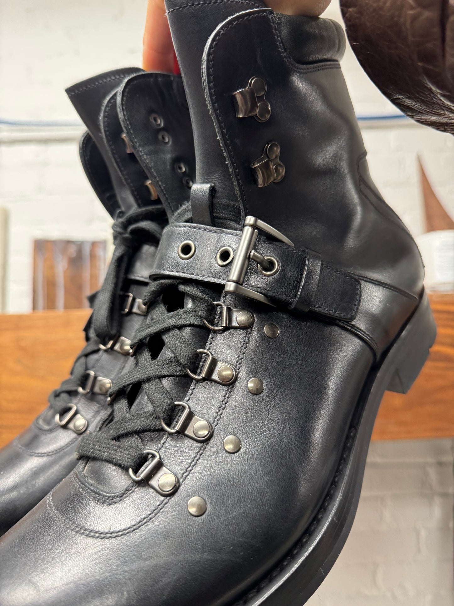Prada Calfskin Leather ‘Hiking’ Buckle Strap Ankle Boots