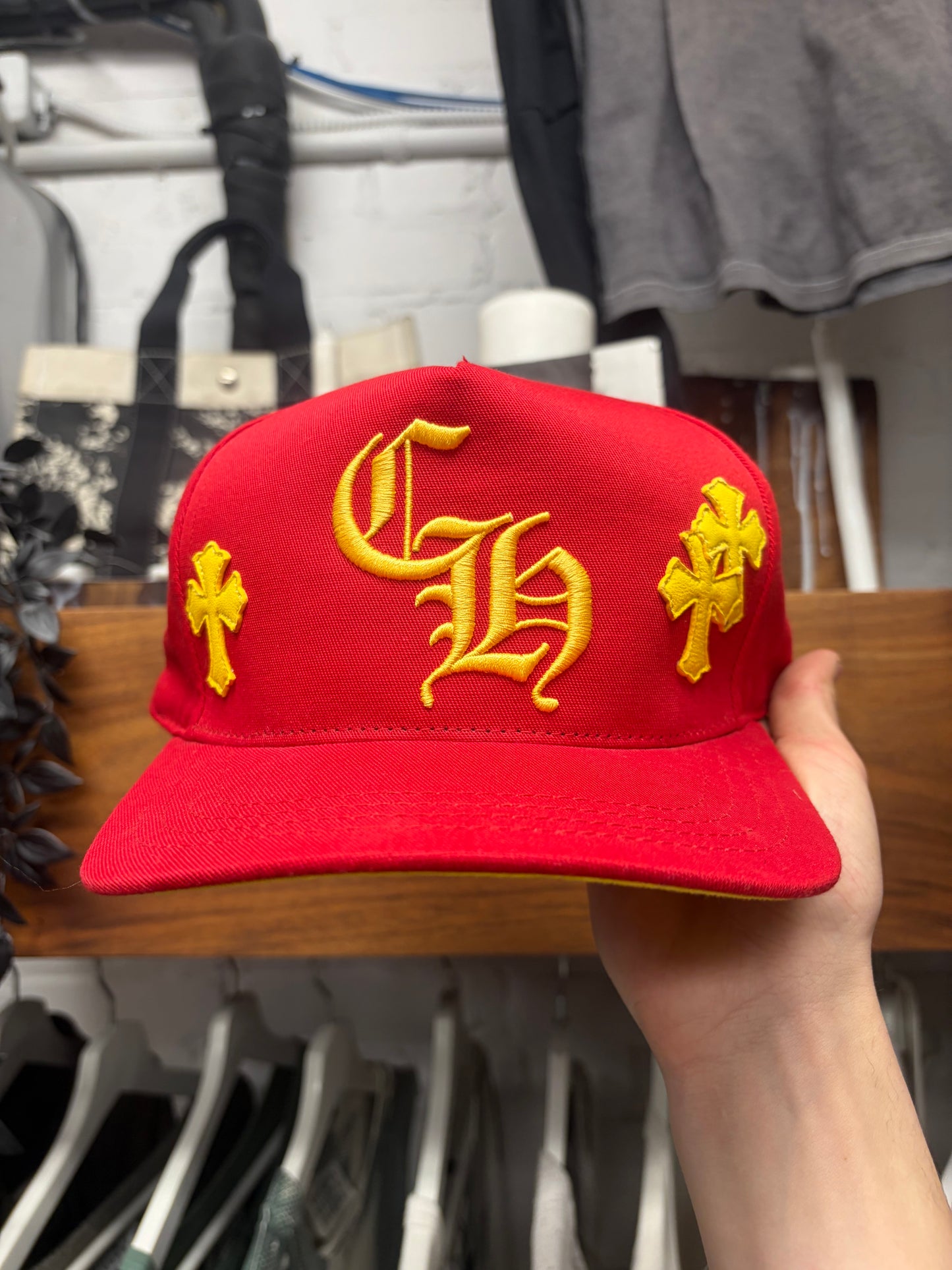 Chrome Hearts Red/Yellow Leather Cross Patch ‘CH Logo’ Trucker Hat