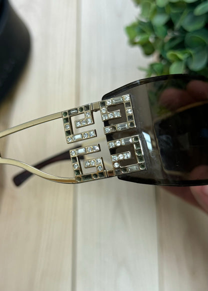 2000s Givenchy Gold Rhinestone Logo Rimless Sunglasses