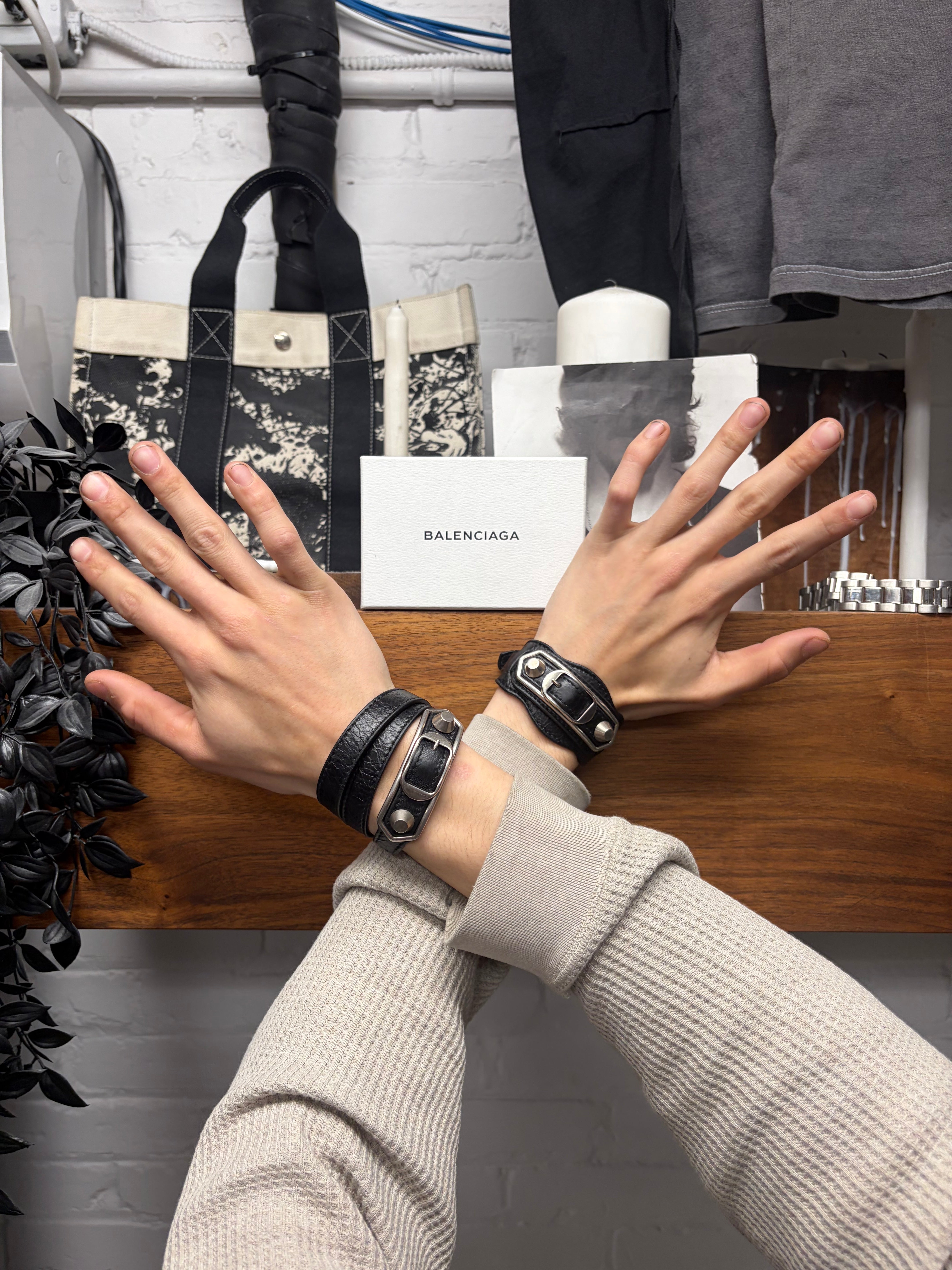 Balenciaga 'Giant' Black Calfskin Leather/Silver Stud Bracelet
