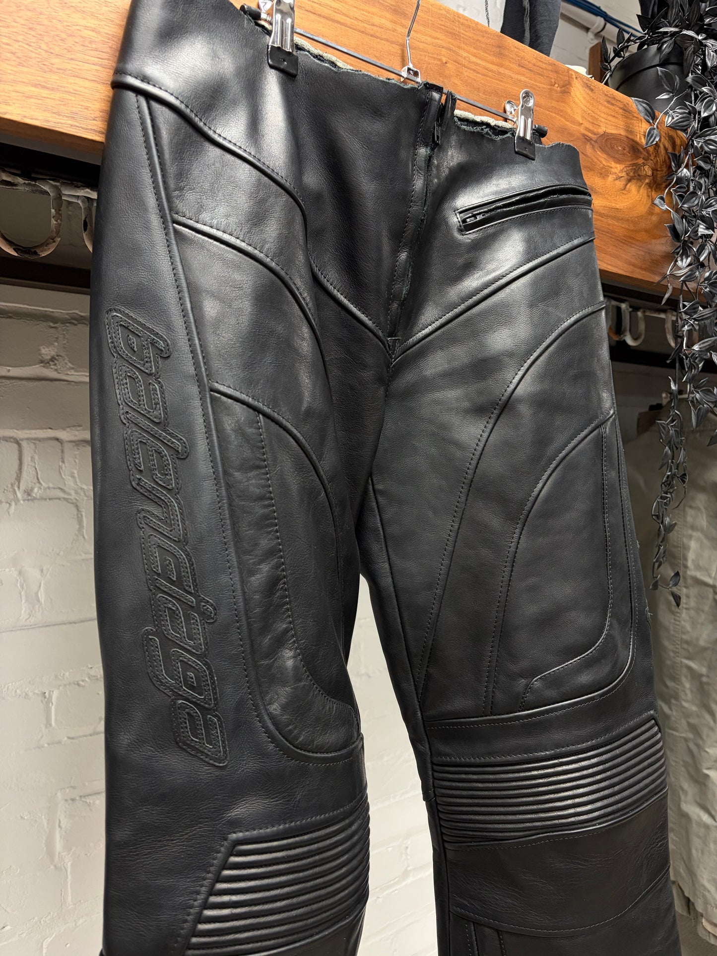 AW2024 Balenciaga ‘Low Waisted’ Unfinished Waistband Black Leather Motorcycle Pants