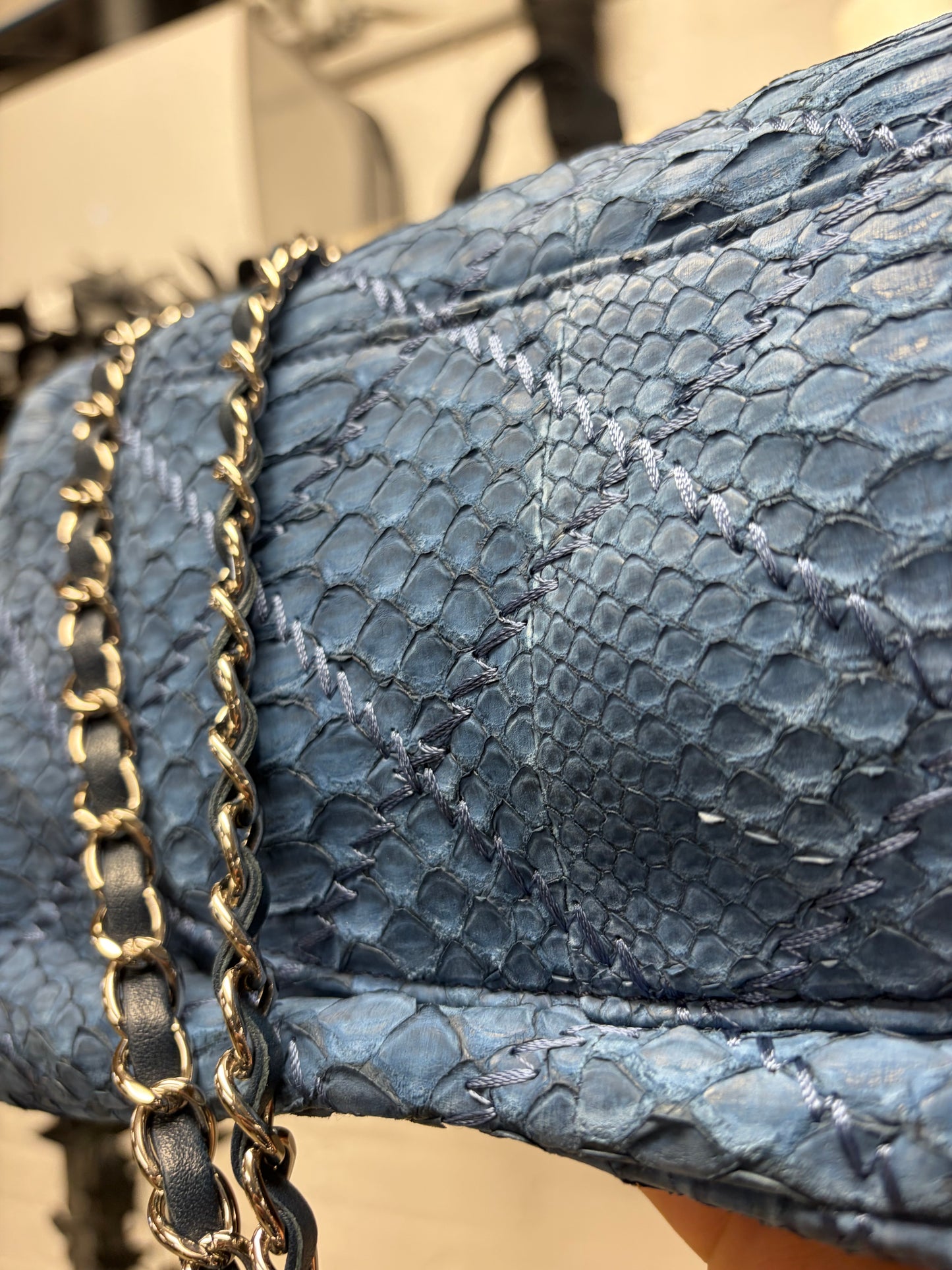Chanel Blue Python Leather Classic ‘Flap Bag’ with Silver Hardware