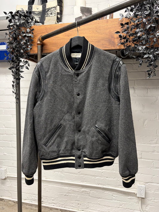2014 Saint Laurent by Hedi Slimane ‘Teddy’ Grey/Black Wool Varsity Jacket