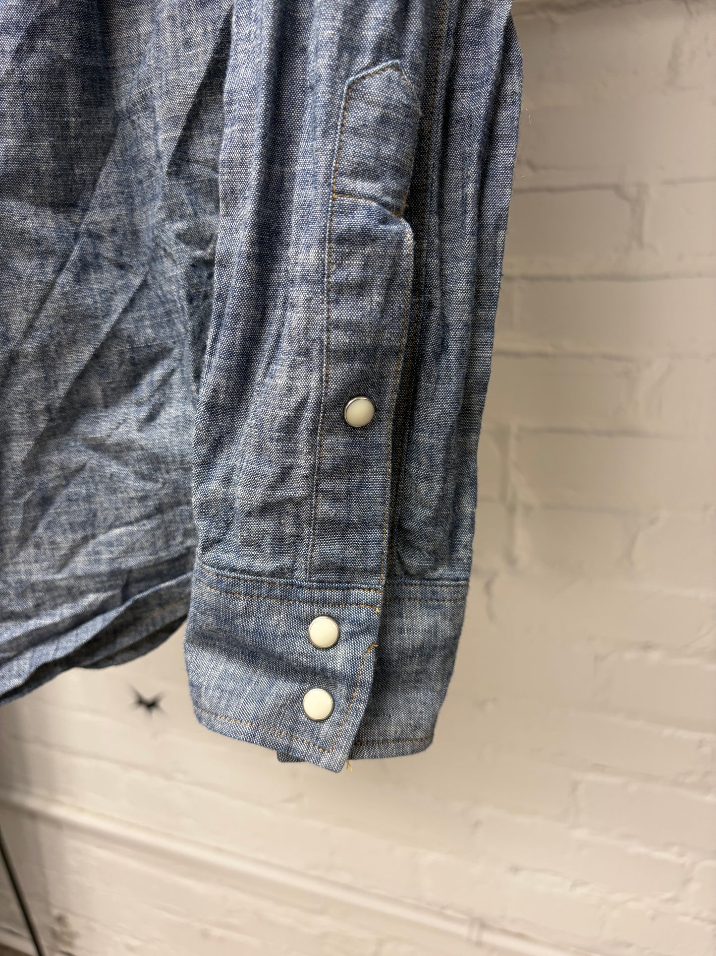 Saint Laurent Pearl Button Snap Blue Denim Shirt