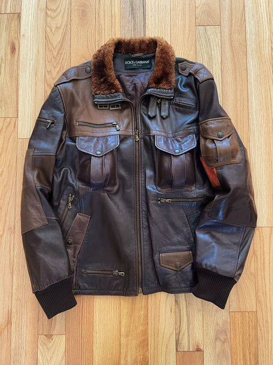 2000s Dolce & Gabbana Mainline Fur Trim ‘Patchwork’ Lambskin Leather Cargo Jacket