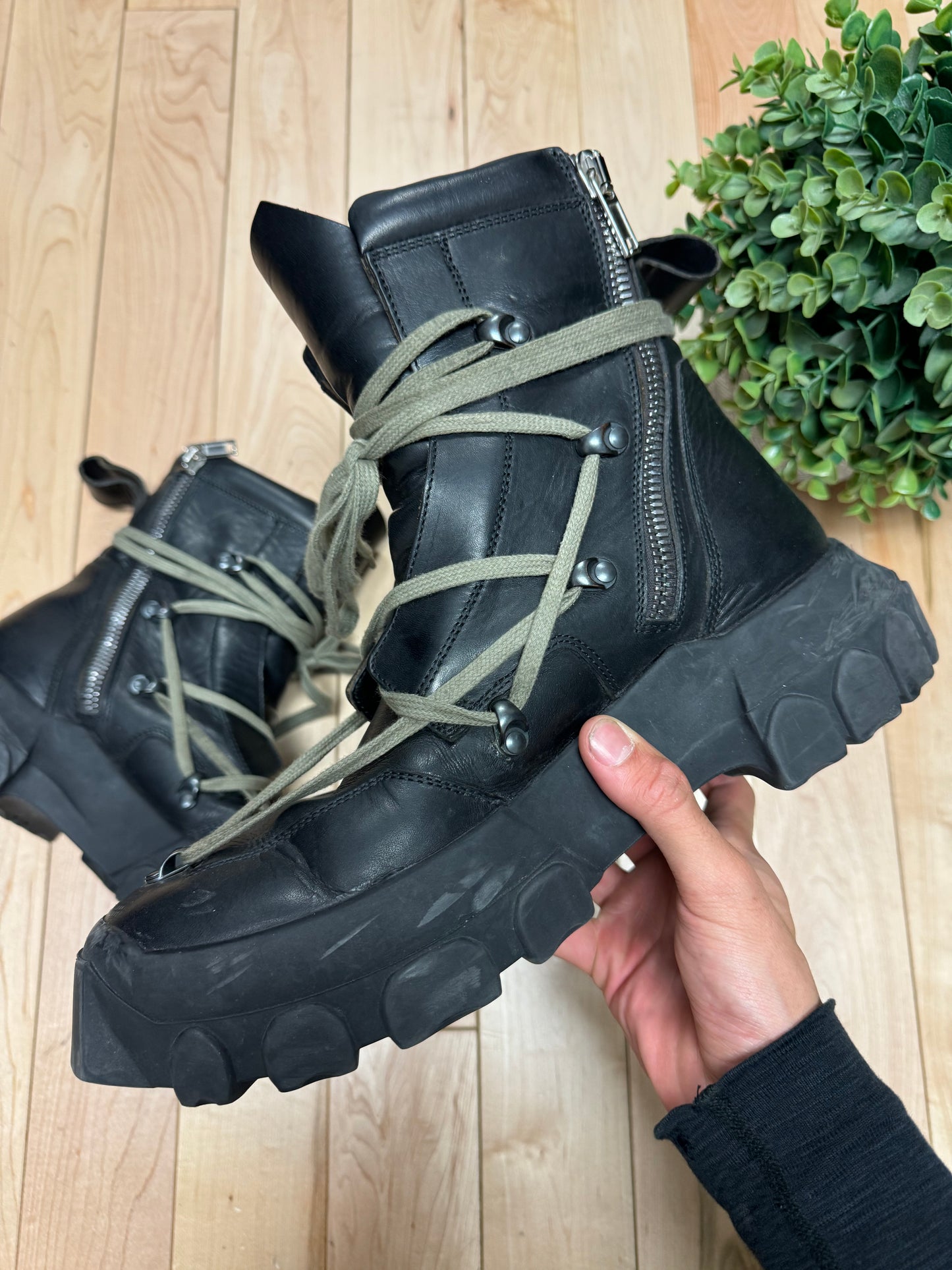 Rick Owens ‘Pentagram’ Black Leather Tractor Boots