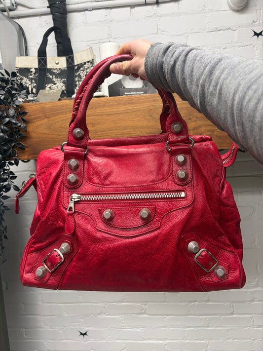 Balenciaga ‘Giant 21’ Tumbled Red Leather ‘City Bag’ with Silver Hardware