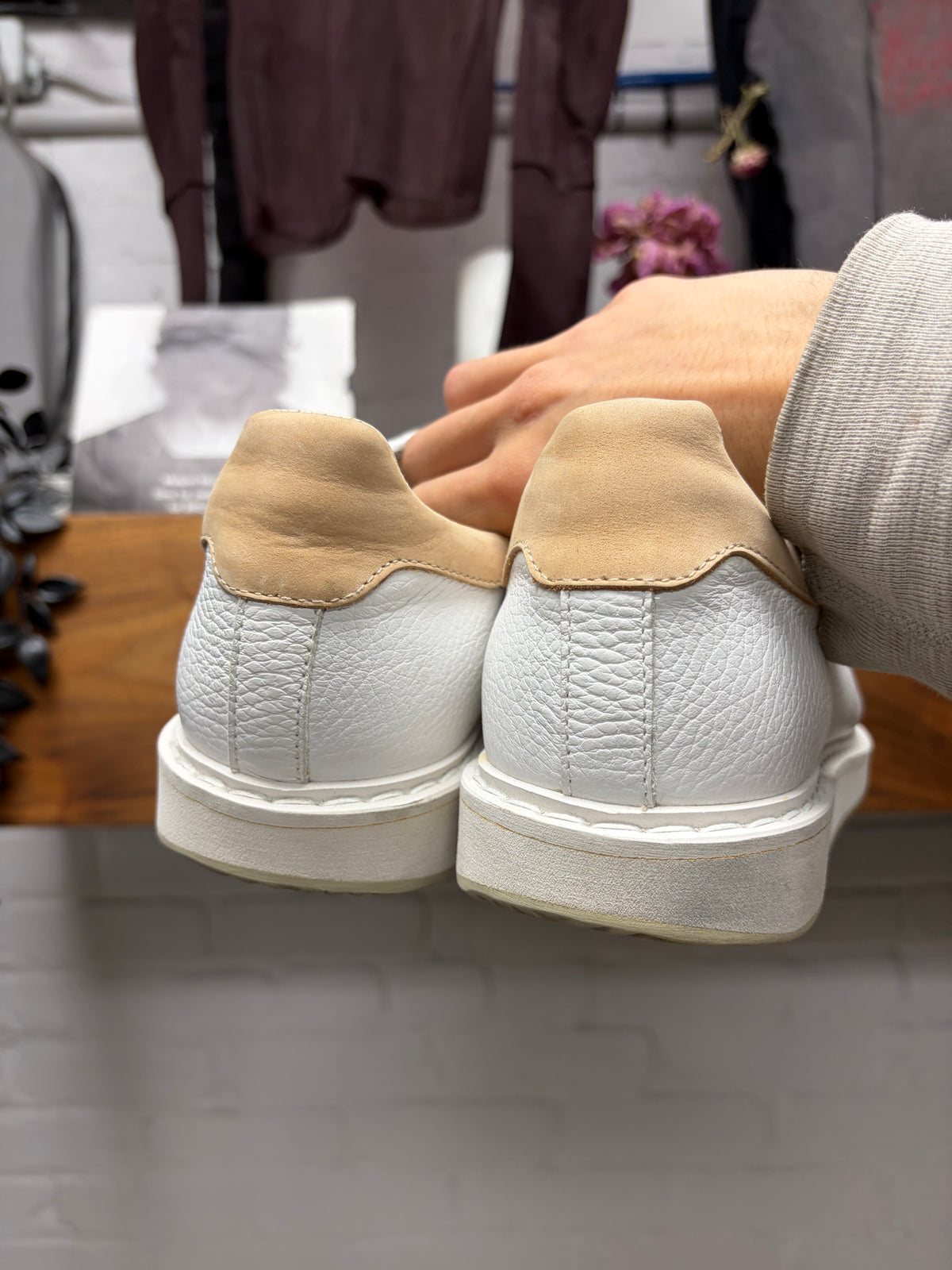 Brunello Cucinelli Grained White Calfskin Leather Low Top Sneakers