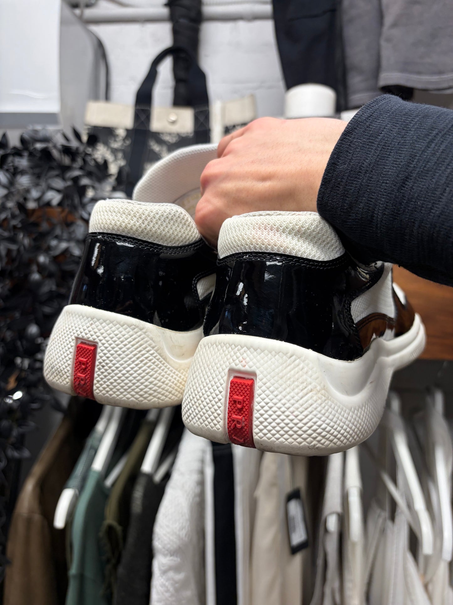 Prada ‘Americas Cup’ Navy/White Patent Leather Low Top Sneakers